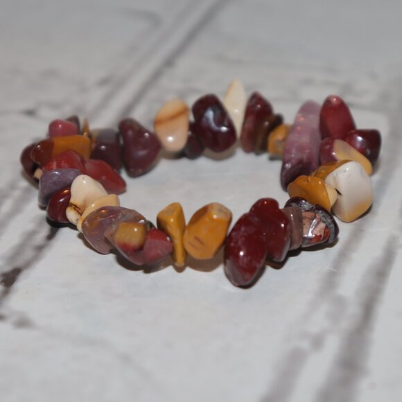 Chunky Mixed Stone Bracelet | 7" Elastic | NWOT | Earthy Reds & Neutrals - Picture 1 of 4